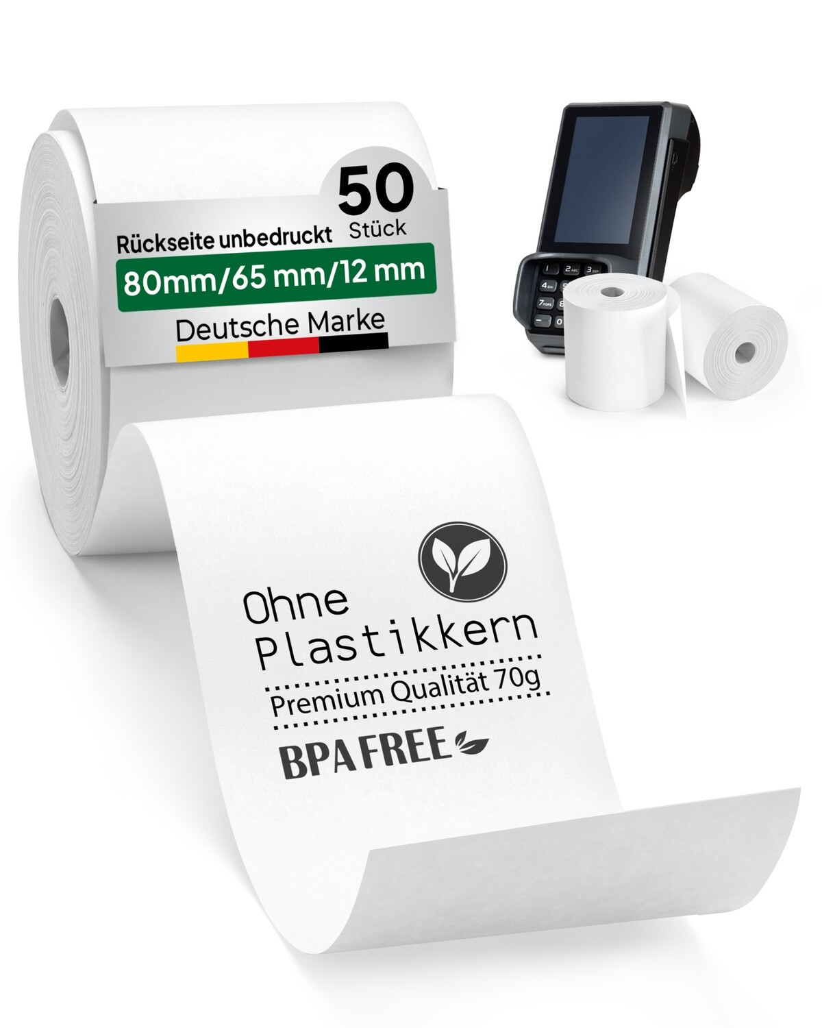 Thermorollen 80mm x 65mm coreless – Plastikfrei Verpackungseinheit 50 Rollen