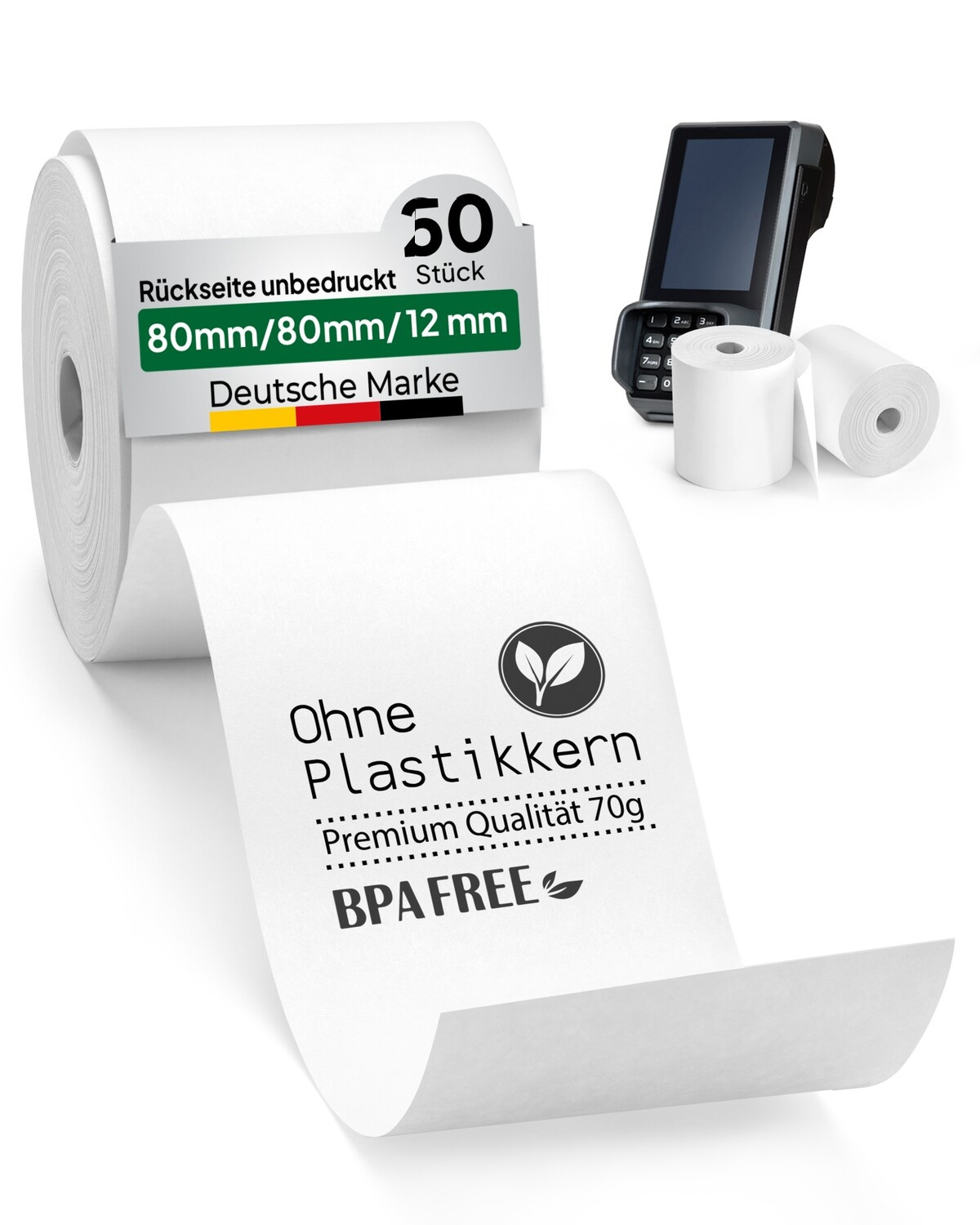 Thermorollen 80mm x 80mm coreless – Plastikfrei Verpackungseinheit 20 Rollen